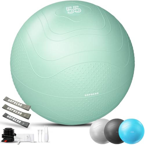 HAPBEAR Exercise Ball- Anti-Burst Slip-Resistant Yoga/Pilates Ball for Core Training & Posture Improvement, Home Gym/Rehab/Pregnancy Ball, Quick Pump & 3 Resistance Bands Included - color: Green, size: M (19-22IN / 48-55cm)