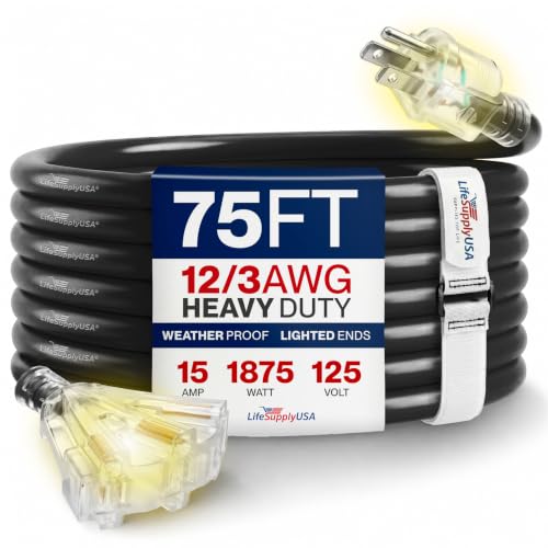 75ft Outdoor/Indoor Extension Cord 3-Outlet 12/3 Gauge Extra Heavy Duty 3 Prong SJTW, Waterproof, Flexible Cold-Resistant Long Power Cord,15A 125V 1875W, Black by LifeSupplyUSA - color: Black, size: 75FT