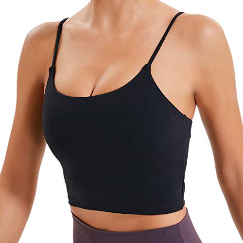 Lemedy Women Padded Sports Bra Yoga Tank Top | Light Support, Longline, Fitness Workout Running Shirts, Removable Pads, Spaghetti Straps, for Women - color: Black, size: X-Large