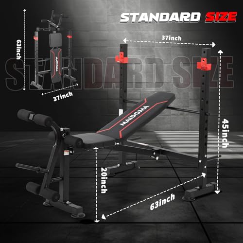 MAIDOMA 8 IN 1 Standard Weight Bench Set with Leg Extension and Leg Curl, Fast Folding & Adjustable Workout Bench for Home Gym,Adjustable Bench Press with Squat Rack.（US Stock） - color: wine red