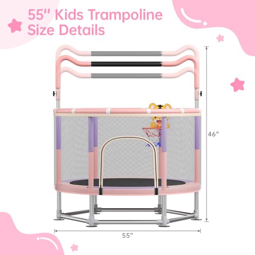 Full Wrap-Around Double Ring Legs 440lbsToddler Trampoline with Net,Trampoline for Kids - color: Pink, size: 55''