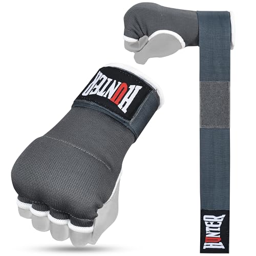 HUNTER Gel Boxing Hand Wraps for Men & Women, Quick Inner Gloves with Wrist Support for MMA, Muay Thai, Kickboxing & Martial Arts Training, Knuckle Protection (Pair) - color: Gray, size: Small-Medium