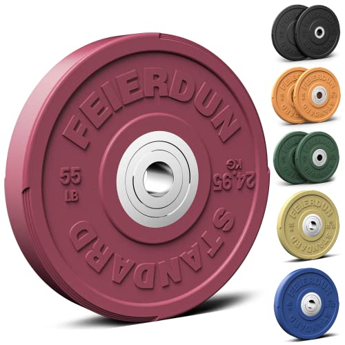 FEIERDUN Color Bumper Plate Set, 2-Inch Olympic Weight Plates, Low Bounce Rubber Barbell Plates with Stainless Steel Insert for Weightlifting, Strength Training, CrossFit & Home Gym, 10LB-370LB - style: F) 55LBS Single