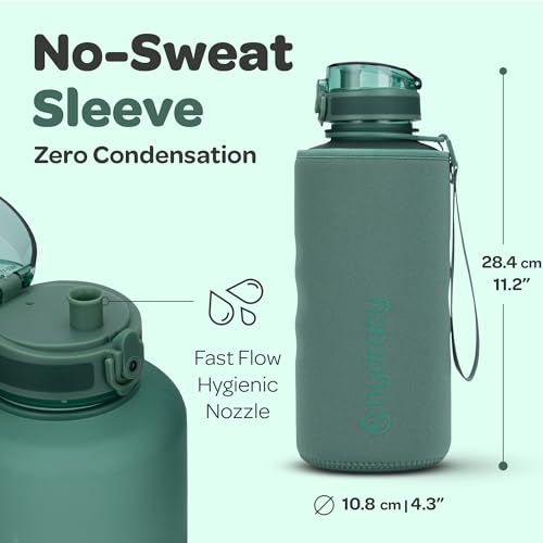 Hydracy Motivational Water Bottle with Time Marker & Fruit Infuser 64 oz | BPA-Free Tritan, Leakproof Flip-Top Lid,No-Sweat Sleeve,Carry Strap,Daily Intake Tracking for Gym,Sports,Outdoors - color: Moonlight Green, size: 64 Ounces
