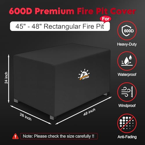 Zettum Fire Pit Cover Rectangular 48 Inch - Outdoor Fire Table Cover Rectangle Heavy Duty & Waterproof, 600D Patio Propane Gas Firepit Cover Rectangular Fade & Weather Resistant - 48 x 28 x 24 Inch - color: Black - Rectangular, size: 48x28x24 Inch