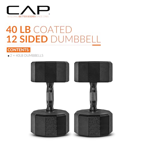CAP Rubber Coated Dumbbell Weights, Free Weights for Home Gym Strength Training, Anti-Roll Hex Dumbbells with Black, Chrome & Comfort Grip Handles, Pairs & Sets - size: 40 lb - Pair, style: 12-Sided - Black Handle