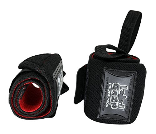 Grip Power Pads Wrist Wraps 2 Wraps for Weight Lifting Wrist Support Cotton Wraps Gym Bandage Straps for Men & Women Premium Quality & PRO Rubber - color: Black/Red, size: 18""
