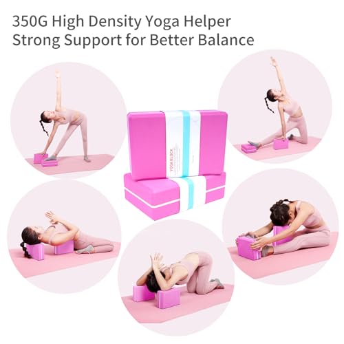 High Density Yoga Blocks 2 Pack with 11 Loops Stretch Band, 350g Non-Slip Foam Exercise Bricks for Pilates & Dance, Pink Gym Accessories with Carry Bag for Flexibility, Balance & Rehab Training - color: Pink Brick & Blue Band
