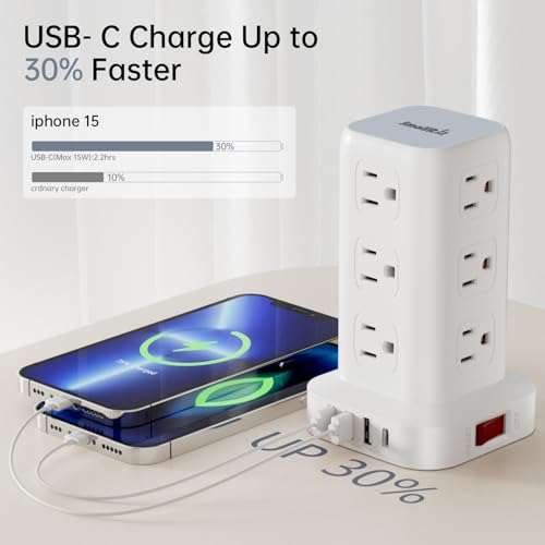 Extension Cord with Multiple Outlets, SMALLRT Flat Plug Power Strip Tower, Outlet Extender with USB 12 AC Outlets, 10FT Ultra Thin Extension Cord for Home Office, Overload Protection - color: White, size: 10 Ft without wireless charging