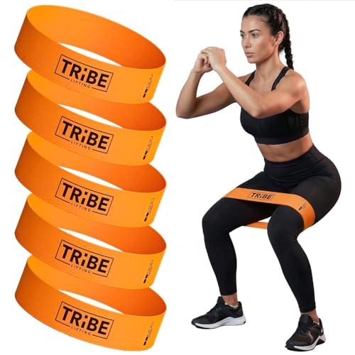 Tribe Lifting Fabric Resistance Bands for Working Out - 5 Exercise Bands Set for Legs and Glutes - Booty Bands for Women and Men - Thick Cloth Workout Bands for Physical Therapy, Hip Training - color: Light Orange