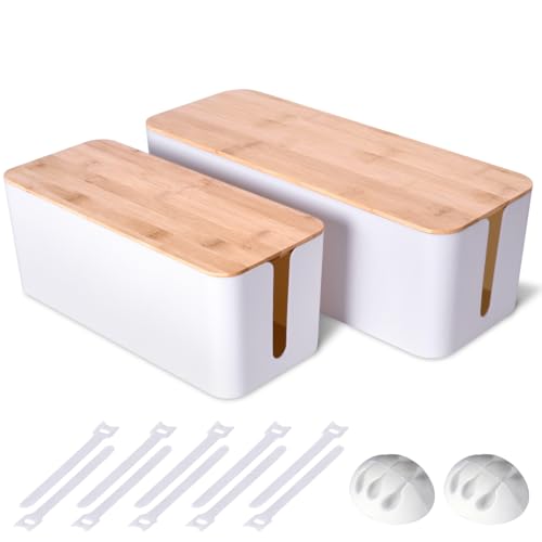 2 Pack Large Cable Management Box – Wooden Style Cord Organizer and Cover for TV Wires, Computer, Router, USB Hub and Under Desk Power Strip – Safe ABS Material and Baby-Pets Proof Lock (White) - color: White