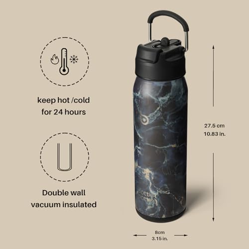 BOTTLE BOTTLE 24oz Insulated Water Bottle Stainless Steel Sport Water Bottle with Straw and Adjustable Lid Daily Pill Organizer - color: black stone