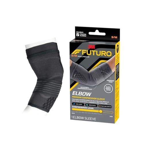 FUTURO Premium Compression Elbow Sleeve, with Wrap-Around Strap and Two Gel Pressure Pads, for Mild Tendonitis, Golfer’s Elbow, Tennis Elbow, Swelling, Sprains, and Strains, S/M - size: Small/Medium