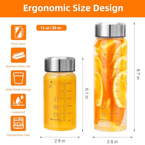 Glass Juice Bottles 4 Pack 20 oz - Wide Mouth Glass Water Bottles with Lids - for Juicing, Smoothies, Milk, Protein, BPA Free, Reusable, Stainless Steel Lids, Leak Proof, Shaker bottle (600 ml) - color: 4-Pack, size: 20 oz/600 ml