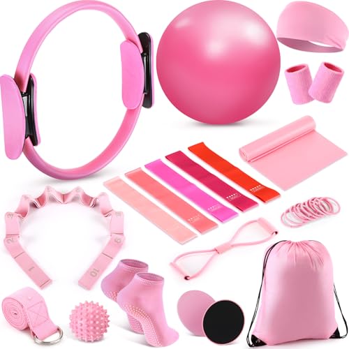 Poen 18 Pcs Home Pilates Ball and Ring Circle Set Yoga Fitness Essentials Kit with 5 Resistance Band Stretching Strap Non Slip Sock Ball Core Slider Wristband Headband Gym Bag for Women - color: Pink