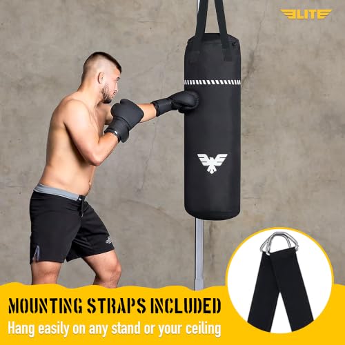 Elite Sports Boxing Bag 4 FT – Heavy Duty Canvas Punching Bag with Straps for Boxing, Training, MMA, Muay Thai, Kickboxing, Martial Arts & Fitness – UNFILLED Heavy Bag - color: Black