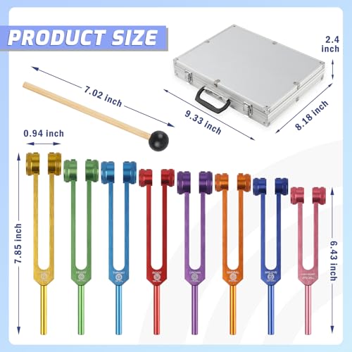 Tuning Fork Healing Set of 8 Colors (126.22Hz, 136.1Hz, 141.27Hz, 172.06Hz, 194.18Hz, 210.42Hz, 221.23Hz, 272.2Hz), Sound Therapy Aluminum Chakra Forks with Reflex Hammer, and Exquisite Package - color: 8 Pcs - Multicolor