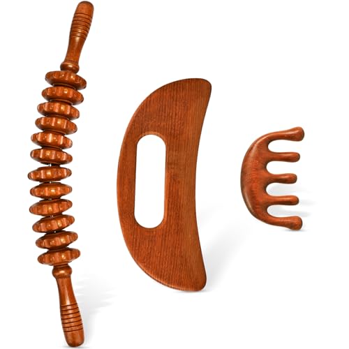 3-in-1 Wood Therapy Massage Tools Wooden Gua Sha Lymphatic Drainage Massager Body Sculpting Tools, Maderoterapia Kit, Anti-Cellulite - style: Massage Set