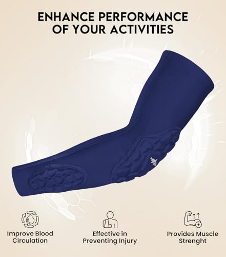 Compression Padded Arm Sleeves for Youth & Adults - Elbow & Forearm Support - Breathable Football Padded Sleeves - color: Navy, size: Adult Small