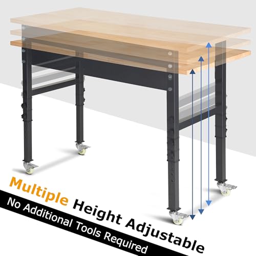 48" Adjustable Work Bench, Rubber Wood Top Workbench | Heavy-Duty Work Table with Wheels, 2000 LBS Load Capacity Hardwood Work Benches for Garage - size: with wheels, 48