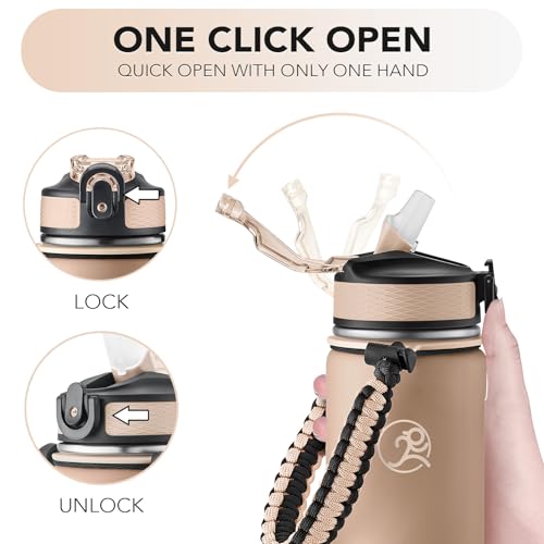 GOSWAG 24oz Insulated Stainless Steel Travel Water Bottle, 2 Lids | with straw and no straw, Paracord handle, Double-wall vacuum keeps drinks cold or hot, Leakproof tumbler - color: Matte Latte Brown