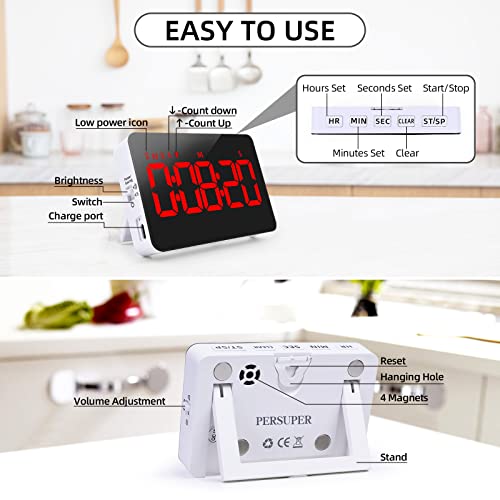 PERSUPER Digital Timer Kitchen Timer Count Down Up Rechargeable Kitchen Gadgets Vibration Mode Adjustable Volume and Brightness LED Display Time Management for Cook, Desk, Kids Adults Study Teaching - color: Red