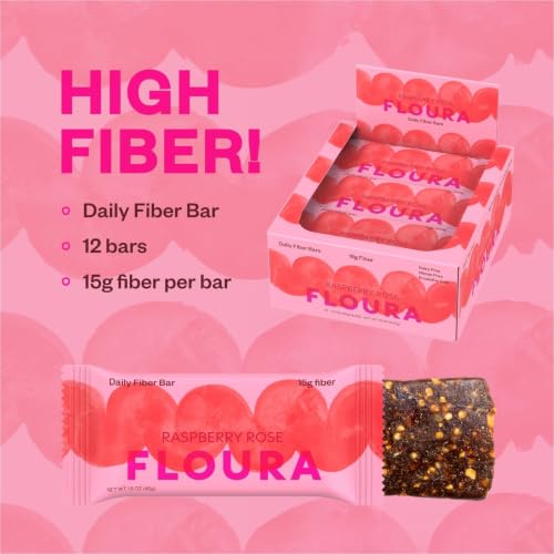 Floura Raspberry Rose Fruit-Forward Fiber Bars– High Fiber, Vegan, Gluten & Dairy Free, Low Calorie Healthy Snack Bars with Upcycled Produce for Gut Health [12 Pack] - size: 12 Pack