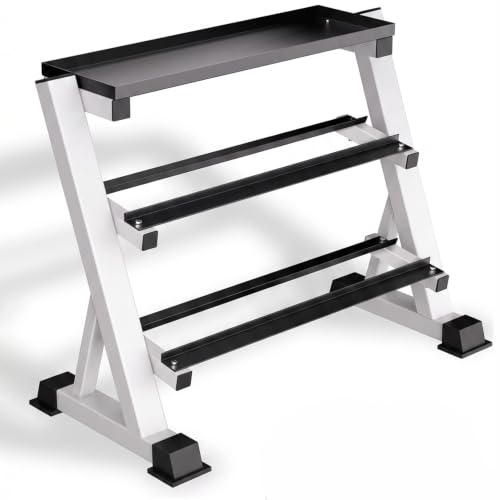 Heavy Duty 3 Tier Dumbbell Rack Stand, 1200LBS Commercial Weight Storage Organizer for Home Gym (Select Frame Type: Kettlebell Flat Tray, All Rails, or Rolling Wheels), Stand Only - color: 3-Tier (Top Tray)- White