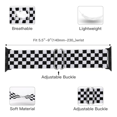Stretchy Nylon Loop Bands Compatible with Apple Watch 38mm 40mm 41mm 42mm 44mm 49mm Adjustable Soft Elastics Strap Compatible with Apple Watch SE Ultra iWatch Series 8/7/6/5/4/3/2/1 (Black and - color: 1-Black and white check, size: 38mm/40mm/41mm/42mm(Se