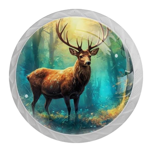 4 Pack White Cabinet Knobs Round Drawer Pulls, Deer Forest Drawer Handles, Kitchen Hardware for Dresser Drawers Closets Cupboard Bathroom Bedroom Home Decor - color: Deer Forest