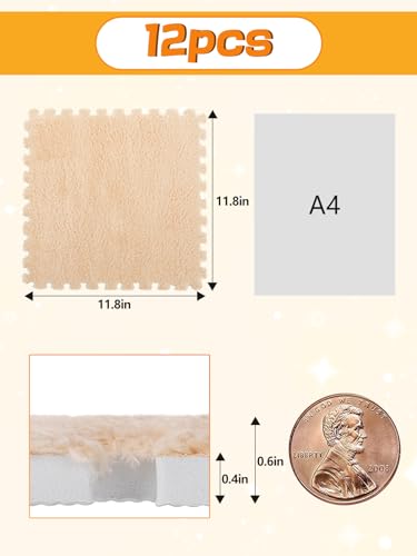 12 pcs Thickened Plush Foam Interlocking Floor Mat, Interlocking Foam Tiles with Edgings for Kids, Soft Anti-Slip Puzzle Area Square Rug Playmat for Children Room Bedroom(11.8", Light Brown) - color: Light Brown