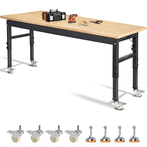 70'' Adjustable Workbench, Rubber Wood Top Work Bench | Heavy-Duty Work Table with Socket, Wheels and Fixed Legs 2000 LBS Load Capacity Hardwood Sewing Table for Garage, Workshop - size: with socket, wheels and fixed legs, 70