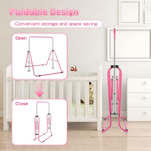 Expandable Gymnastics Bars with Ring, Adjustable Height Gymnastic Horizontal Bars, Gym Junior Training Bar Children Folding Training Monkey Bars for Kids - color: Pink