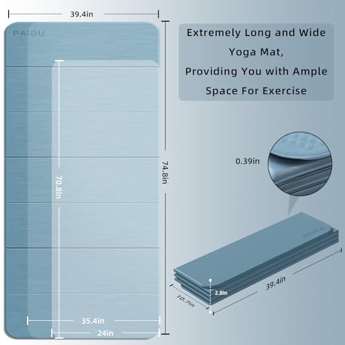 PAIDU Foldable Yoga Mat (10MM) 75‘’x40‘“ Quick Fold，Easy Storage | TPE Non-Slip Design, Ea Extra Long/Wide for Indoor Yoga, Pilates and Outdoor Travel Workouts - color: Blue Gray