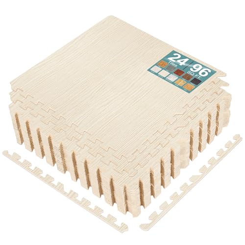Sorbus Wood Grain Floor Tiles Foam Mat EVA Interlocking Mats Tile 3/8-Inch Thick Flooring Wood Puzzle Exercise Mats w/Borders - Home Playroom Basement, Apartment, Trade Show, Baby, Dance - color: Light Pine, size: 24 Pack