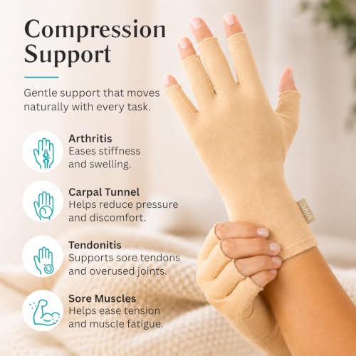 Vive Arthritis Gloves - Men, Women Rheumatoid Compression Hand Glove | Osteoarthritis- Arthritic Joint Pain Relief - Carpal Tunnel Wrist Support - Open Finger, Fingerless Thumb for Computer Typing - color: Beige, size: Small