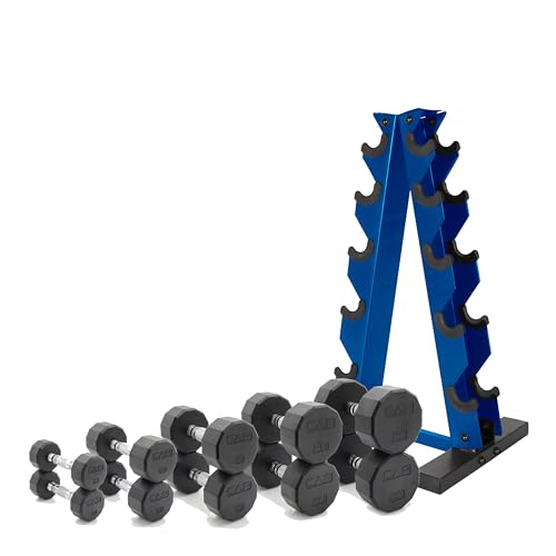 CAP Barbell 150 LB Coated Hex Dumbbell Weight Set with Vertical Rack | Multiple Options - color: Blue Rack, style: 12-Sided Chrome Handle