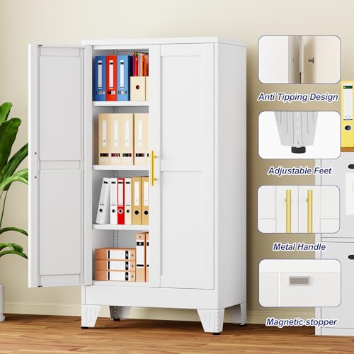 Metal Storage Cabinet with 2 Doors and 3 Adjustable Shelves - 47.2" Steel File Cabinet,Tool Cabinets for Office,Home,Garage,Gym,School,Bathroom,Kitchen(White) - color: White, size: 47.2H