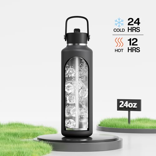 POWCAN 24 oz Slim Insulated Water Bottle: Leakproof, Lightweight, Top Handle, Stainless Steel Water Bottle with Straw for Sport, Gym, Fitness, Office, Home, Commute, Workouts, Boy, Men (Stone Gray) - color: Stone Gray, size: 24 Ounces