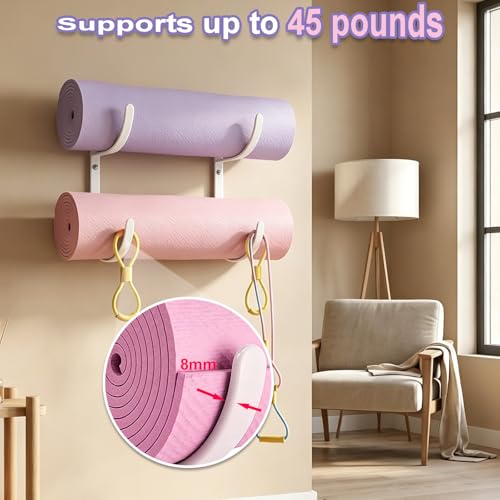 Wall Mount Yoga Mat Holder, Rubber Coated Yoga Mat Storage Rack for Yoga Mats, Foam Rollers, Exercise Mats, Pilates Mats and Hanging Home Fitness Equipment