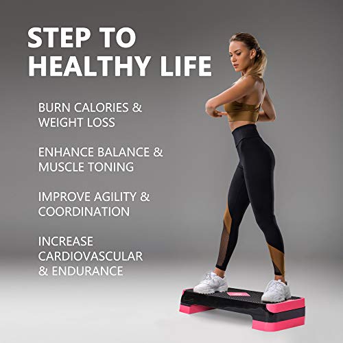 GYMMAGE Adjustable Workout Aerobic Stepper, Aerobic Exercise Step Platform with 2 Risers, Exercise Step Deck for Fitness, 26.5" Trainer Stepper with Non-Slip Surface Home Gym & Extra Risers Options - color: Pink&Black