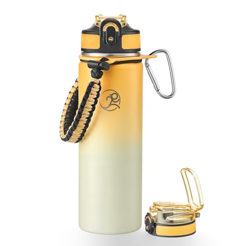 GOSWAG 24oz Insulated Stainless Steel Travel Water Bottle, 2 Lids | with straw and no straw, Paracord handle, Double-wall vacuum keeps drinks cold or hot, Leakproof tumbler - color: Ginger Yellow-Beige Ombré