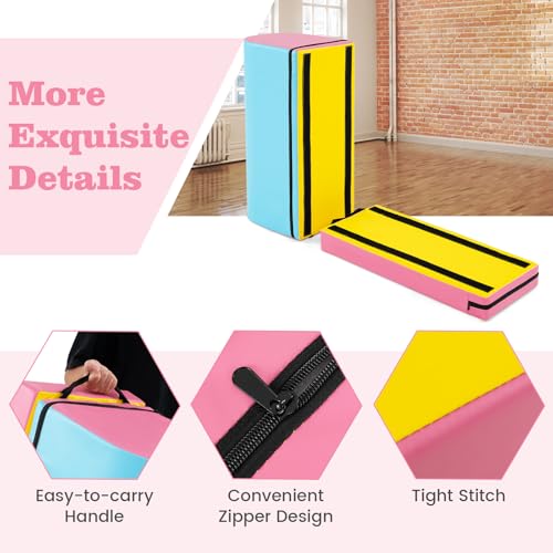 Goplus Mailbox Tumbling Mat, Gymnastics Vaulting Box w/Detachable Mat, Carrying Handle, Premium PU Leather, Portable Jumping Tumbling Aid Trainer for Kids Home Gyms Exercise - color: Baby Blue+Pink