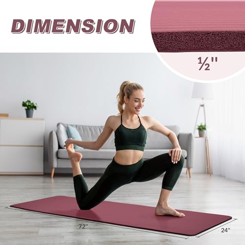 Signature Fitness Extra Thick High-Density Foam Yoga Mat – Multiple Thicknesses (1/2" & 1") / Multiple Colors – Double-Sided Non-Slip Surface – with Carrying Strap for Pilates, Yoga & Home Workouts - color: Burgundy-1/2"thick