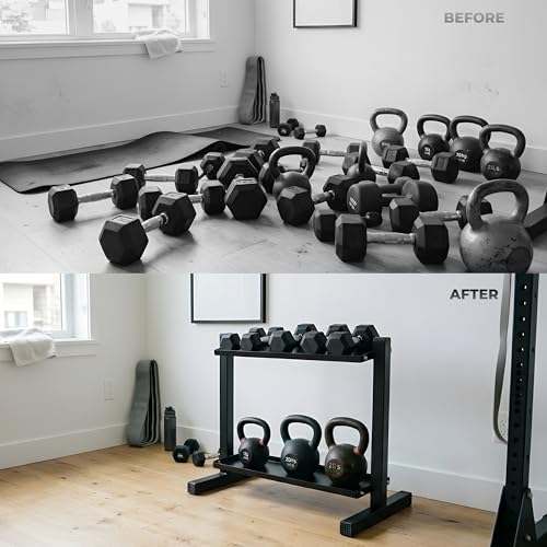 FEBTECH Heavy-Duty 2-Tier Kettlebell Rack, Gym Storage Rack for Kettlebells | Compact kettlebell rack design weight rack for home gym, steel weight storage racks organizer with secure weight holder Black
