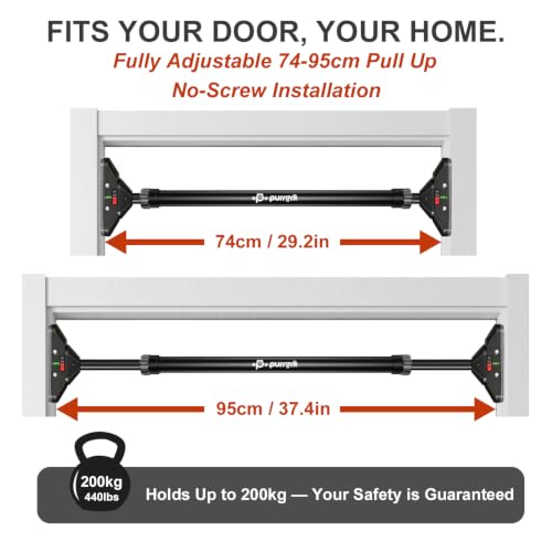 Adjustable Doorway Pull Up Bar No-Screw 440lbs | Fits 29.1-37.4in (74-95cm) door frames with 360° lock & foam pads + 2 spare pads. Home chin-up - color: Charcoal
