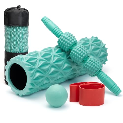 5 in1 Foam Roller Set, Trigger Point Foam Roller, Massage Roller Stick, Massage Ball, Resistance Band for Deep Muscle Massage Pilates Yoga,Fitness Exercise for Whole Body (Pure Turquoise) - color: Pure Turquoise