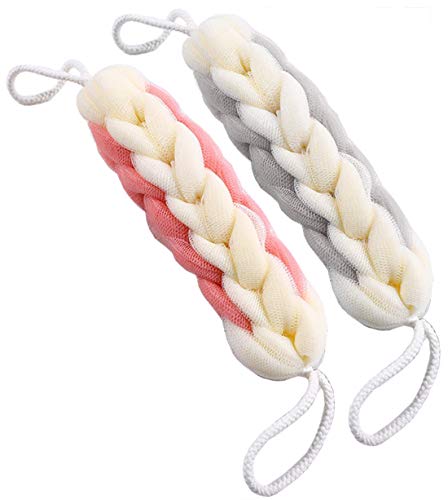 AARAINBOW 2 Packs Upgraded Long Stretch Back Sponge with Rope Handles Back Scrubber Bath Shower Mesh Sponge Exfoliating Body Scrub Stretch Braided Loofah for Men Women Braided Mesh Shower (Gray+Pink) - color: Gray+pink