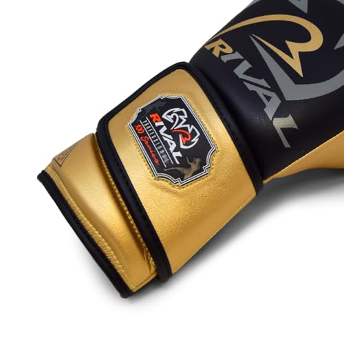 RIVAL Boxing RB100 Professional Bag Gloves, 6mm of D30 Padding, Handcrafted Microfiber, Innovative Wrist Lock 3 System - color: Black/Gold, size: Medium