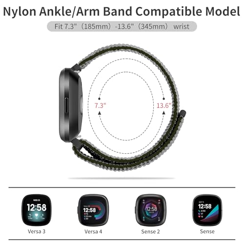 Nylon Sport Ankle/Arm Band Compatible with Fitbit Versa 4/Fitbit Versa 3 /Fitbit Sense 2/Fitbit Sense Bands,Elastic Nylon Braided Arm Strap Replacement Ankle band for Women Men - color: Dark Olive/Army Green